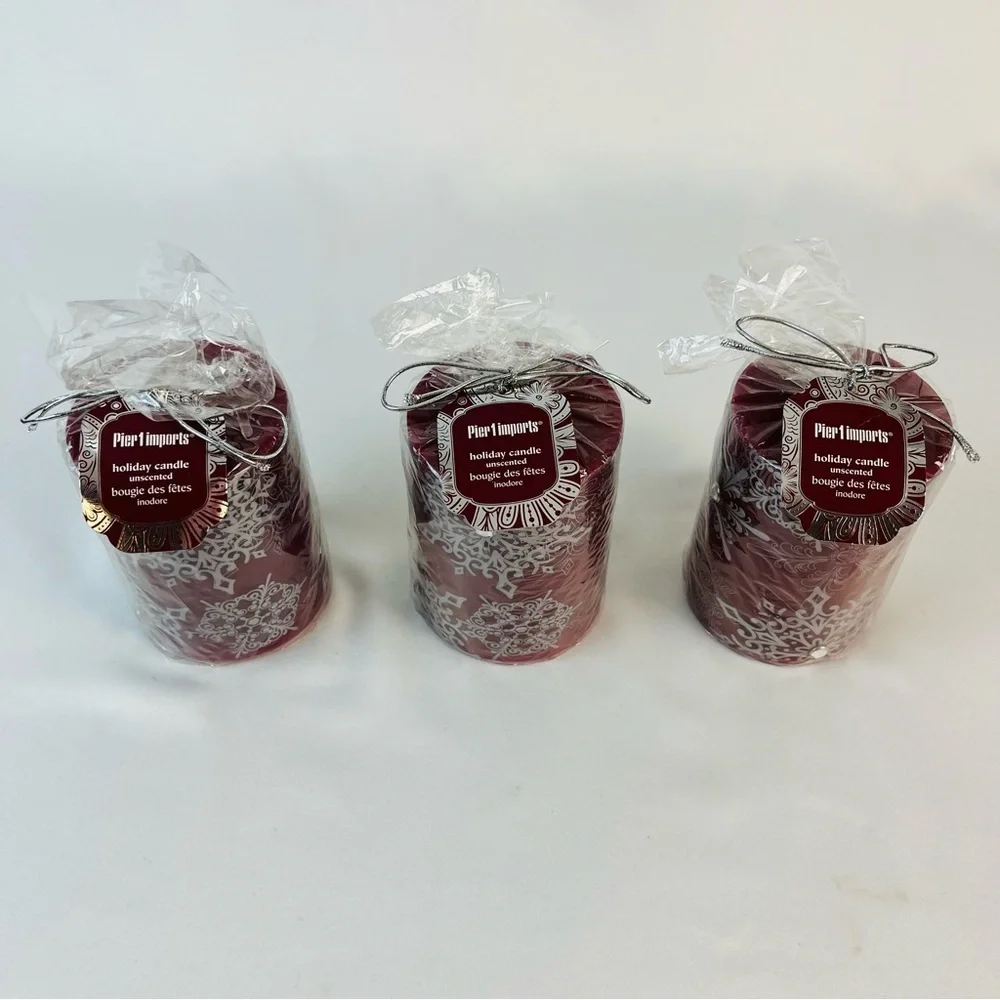 NEW Pier 1 Imports Snowflake Gem Holiday Glam Candles Deep Red/Burgundy Silver